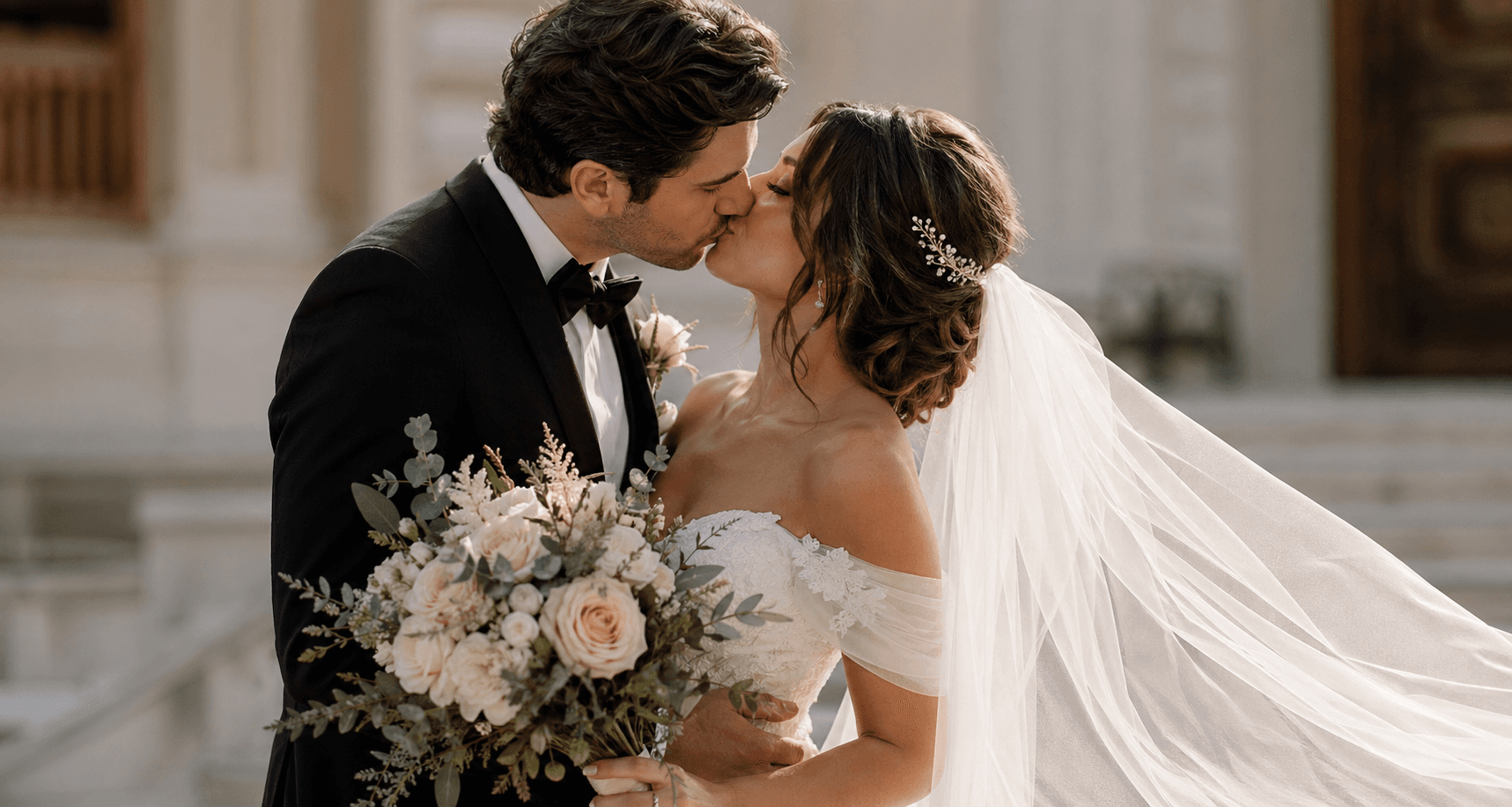 Novios abrazados con un ramo de flores durante su sesión de boda